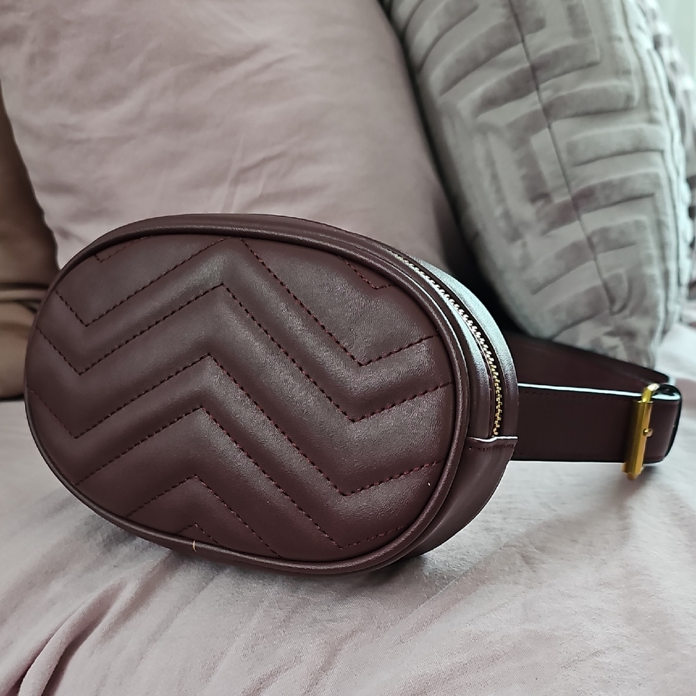 Burgundy Quilted Belt Bag with Gold Hardware Buckle